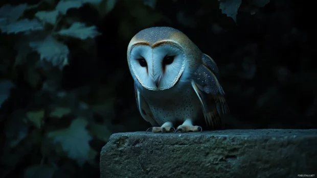 A barn owl resting on an ancient stone wall, its feathers catching the last glow of twilight.