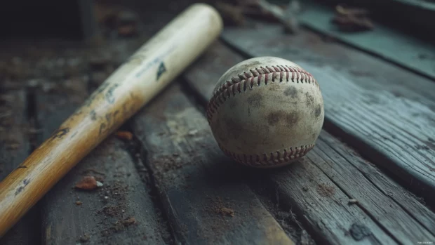 A baseball and bat lying in the dugout, with focus on the textures of wood and leather.