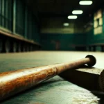 A baseball and bat lying in the dugout, with focus on the textures of wood and leather.