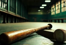 A baseball and bat lying in the dugout, with focus on the textures of wood and leather.
