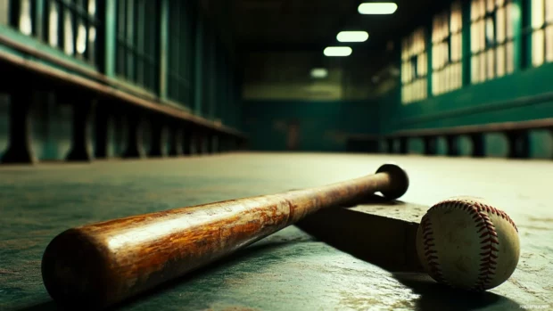 A baseball and bat lying in the dugout, with focus on the textures of wood and leather.