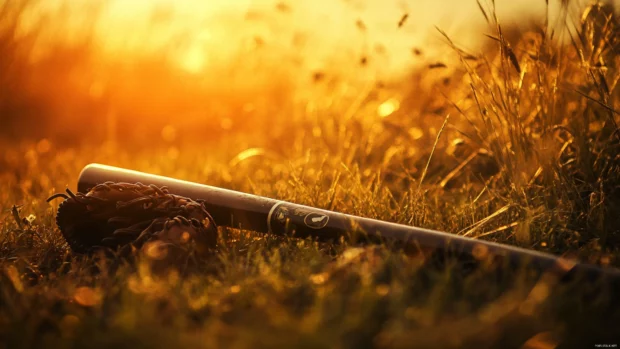 A baseball bat and glove lying on a grassy field under golden sunset lighting.