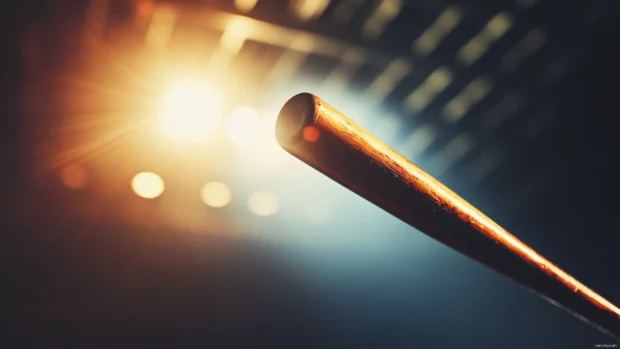A baseball bat captured mid swing under arena lights.