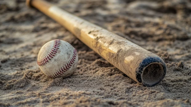 A baseball bat covered in pine tar, resting on a dusty field with a ball nearby.