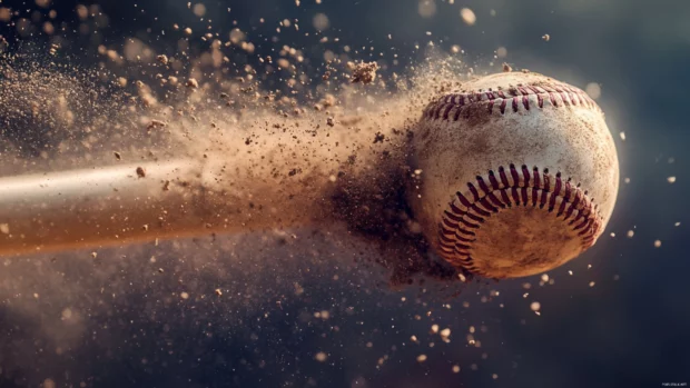 A baseball bat striking a ball, with dust and dirt flying in dramatic detail.