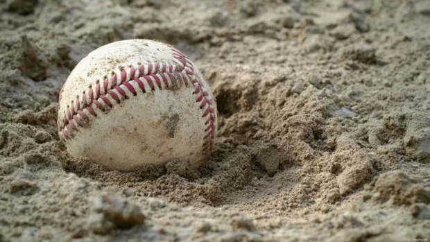 A baseball buried halfway in the dirt near home plate, showing a rough and gritty texture.