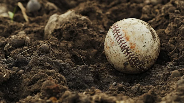 A baseball buried halfway in the dirt near home plate, showing a rough and gritty texture.