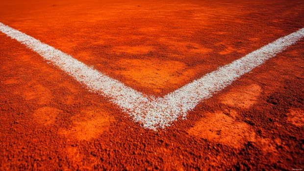 A baseball diamond from an aerial perspective, with sharp details of the bases and field lines.