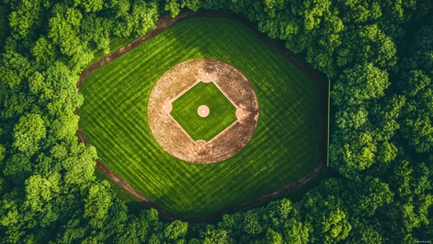 A baseball diamond from an aerial perspective, with sharp details of the bases and field lines.