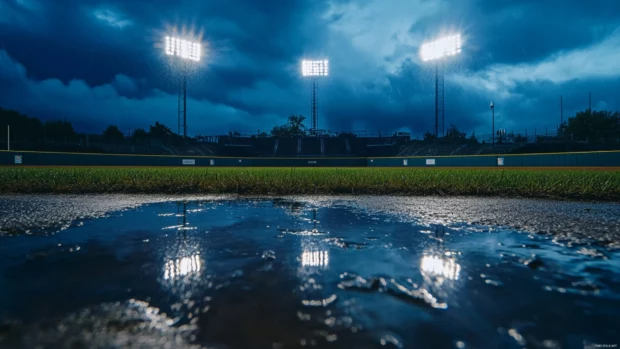 A baseball field after rain, with puddles reflecting the stadium lights.