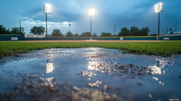 A baseball field after rain, with puddles reflecting the stadium lights.