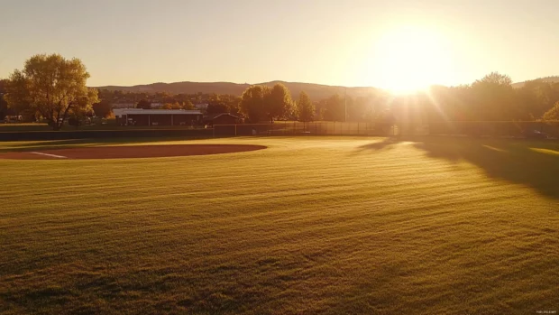 A baseball field at sunrise, the first rays of light stretching across the freshly cut grass .