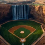 A baseball field in a deep valley, towering cliffs and waterfalls creating a breathtaking natural arena .