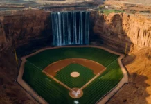 A baseball field in a deep valley, towering cliffs and waterfalls creating a breathtaking natural arena .