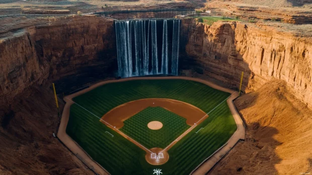 A baseball field in a deep valley, towering cliffs and waterfalls creating a breathtaking natural arena .