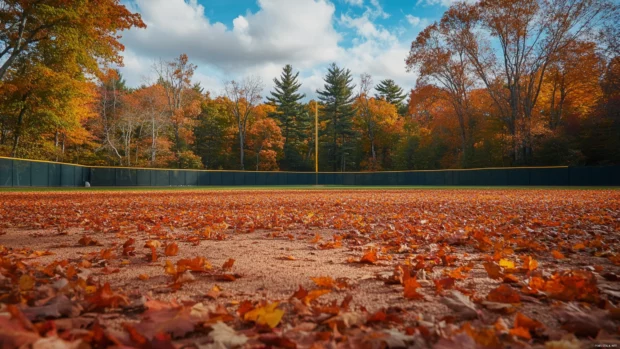 A baseball field in the middle of autumn, fallen leaves scattered across the outfield .