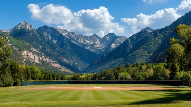 A baseball field surrounded by mountains, with towering peaks creating a breathtaking backdrop .