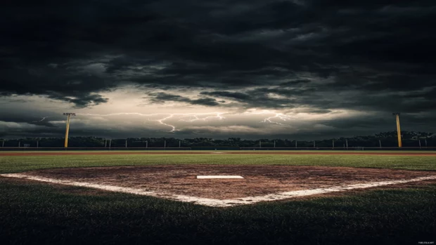 A baseball field with a dramatic lightning storm in the background, dark clouds and bright flashes illuminating the scene .