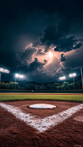 A baseball field with a dramatic lightning storm in the background, dark clouds and bright flashes illuminating the scene.