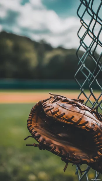 A baseball glove and bat leaning against a chain link fence, with the field in the background.