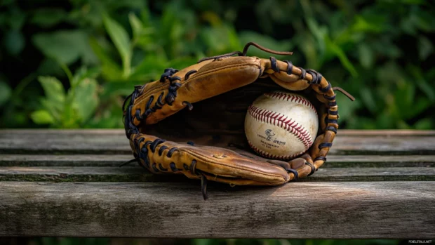 A baseball glove gripping a ball tightly, placed on a weathered wooden bench.