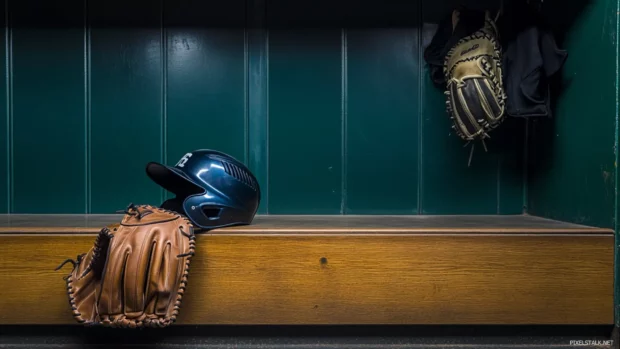 A baseball glove sitting beside a helmet in the locker room.