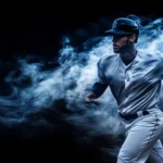 A baseball player emerging from swirling smoke, dramatic lighting creating a cinematic, high contrast effect.