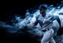 A baseball player emerging from swirling smoke, dramatic lighting creating a cinematic, high contrast effect.
