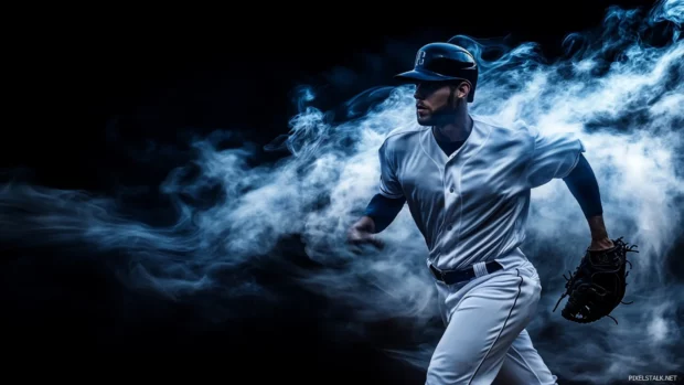 A baseball player emerging from swirling smoke, dramatic lighting creating a cinematic, high contrast effect.