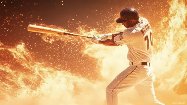 A baseball player mid swing, surrounded by swirling flames and energy, dynamic motion captured in an anime art style.