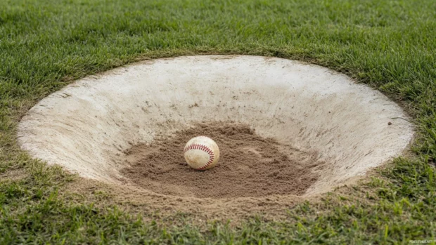 A baseball resting on the pitcher mound, with sharp details of the dirt and grass.