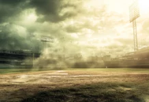 A baseball scene with ambient lighting and vintage tones.