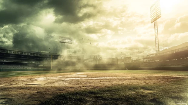 A baseball scene with ambient lighting and vintage tones.