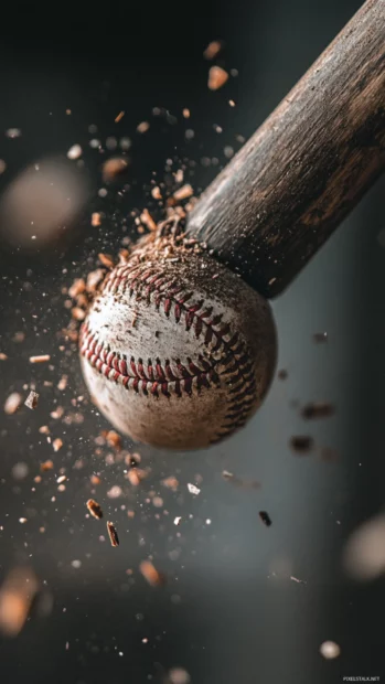 A baseball shattering a wooden bat upon impact, frozen in time with splinters flying.