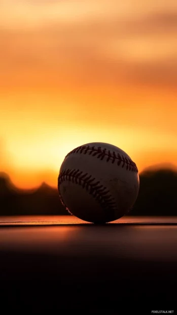 A baseball silhouetted against the orange sky.
