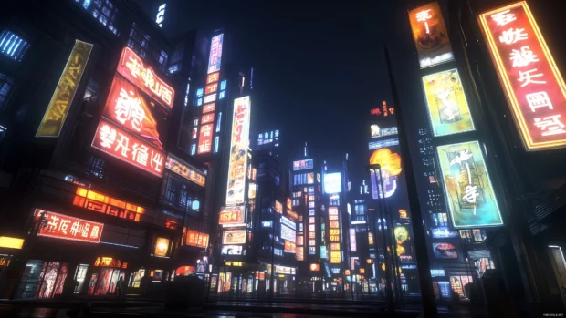 A basic Cyberpunk city skyline with neon signs and minimalistic buildings, highlighting vibrant colors and clean lines.