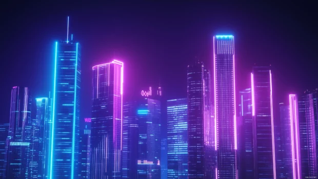 A basic Cyberpunk city skyline with prominent neon signs and minimalistic buildings, emphasizing vibrant colors and clean lines.