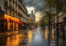 A basic Parisian street scene featuring iconic architecture and subtle city elements.