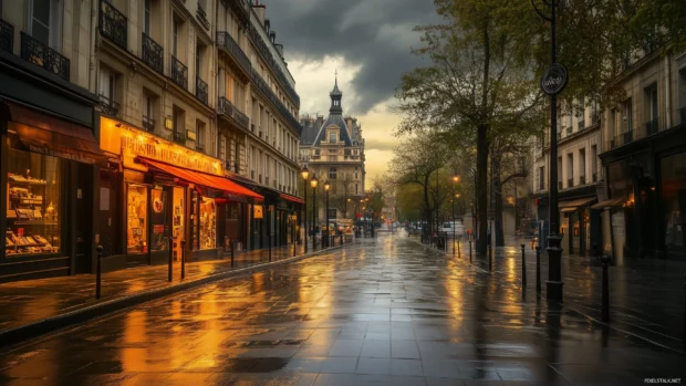 A basic Parisian street scene featuring iconic architecture and subtle city elements.