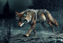A battle worn red wolf limps across cracked ground as rain begins to fall.