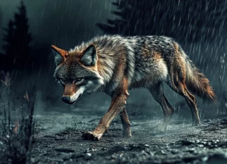 A battle worn red wolf limps across cracked ground as rain begins to fall.