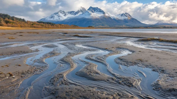 A beach at low tide with expansive sandy flats and distant waves.