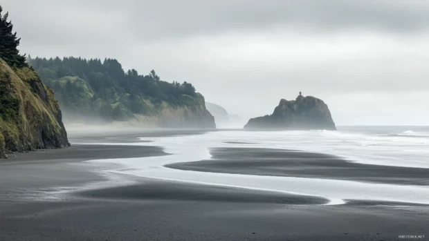 A beach at low tide with expansive sandy flats and distant waves.