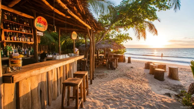 A beach bar serving tropical drinks and snacks, with a sunrise view over the ocean.
