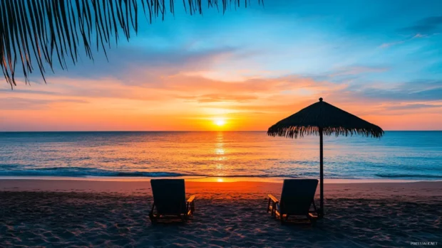A beach chair and umbrella silhouetted against a stunning sunset.