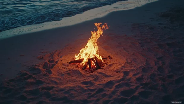 A beach scene with a bonfire at night and casting a warm glow on the surrounding sand.