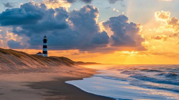 A beach scene with a lighthouse in the background, with a dramatic sky and ocean.