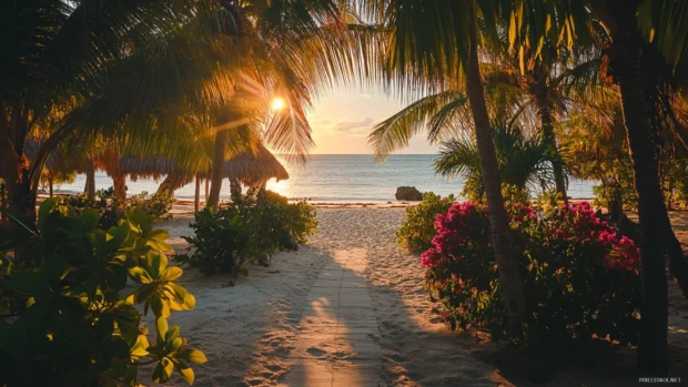 A beach walkway leading down to the sand at sunset.