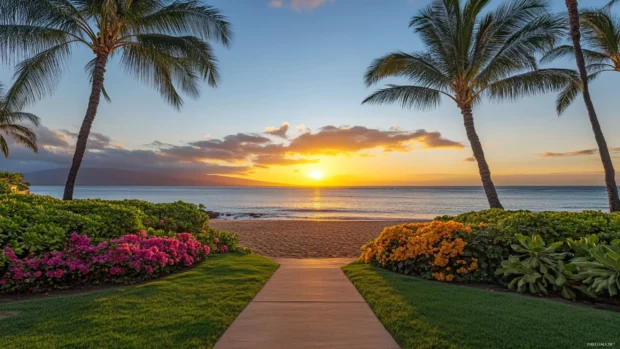 A beach walkway leading down to the sand with palm trees and flowers lining the sides.
