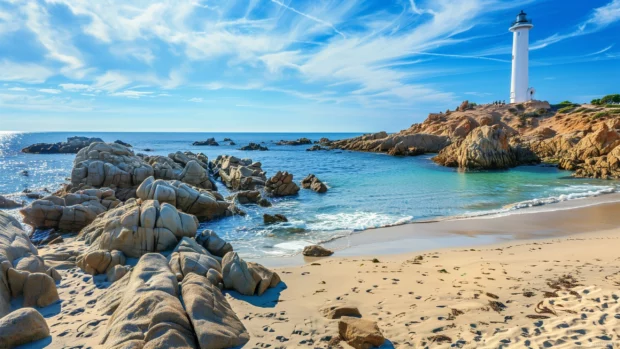 A beach with a lighthouse on a rocky promontory  .